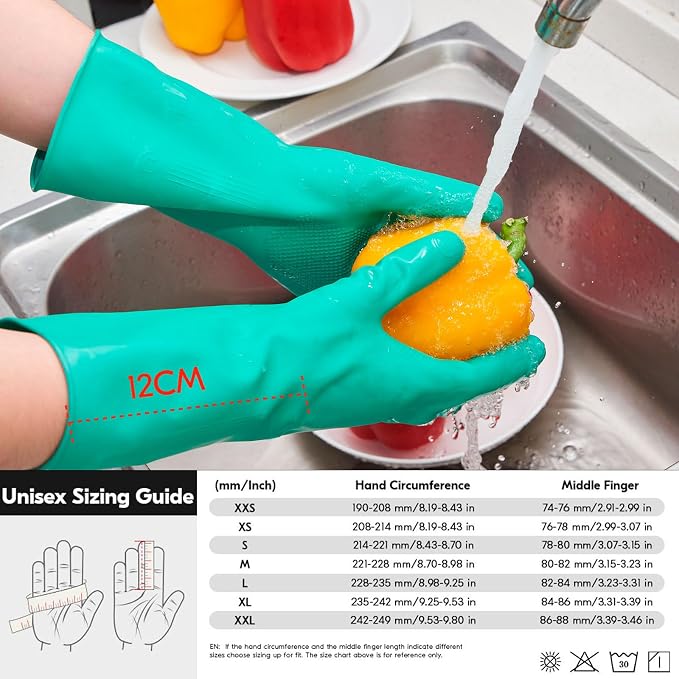 Vgo... 1-Pair Reusable Household Gloves, Rubber Dishwashing gloves, Extra Thickness, Long Sleeves, Kitchen Cleaning, Working, Painting, Gardening, Pet Care (Size S, Green, HH4601)