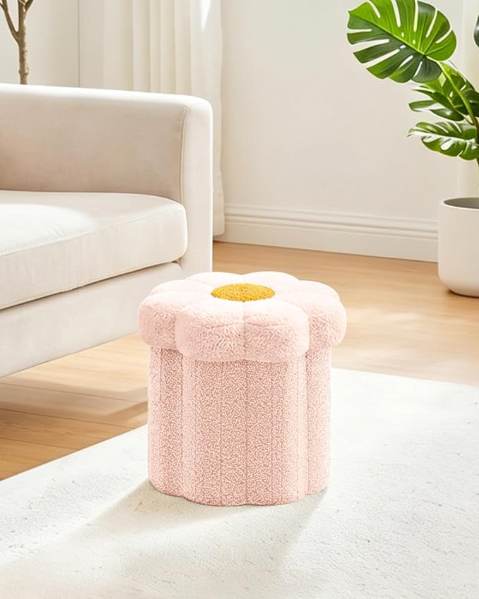 B FSOBEIIALEO Storage Ottoman Foldable, Sunflower Shaped Small Footrest Collapsible Folding Seat Bench for Bedroom Living Room Entryway, Faux Teddy Fur, Pink 12.6"x12.6"x11.4"