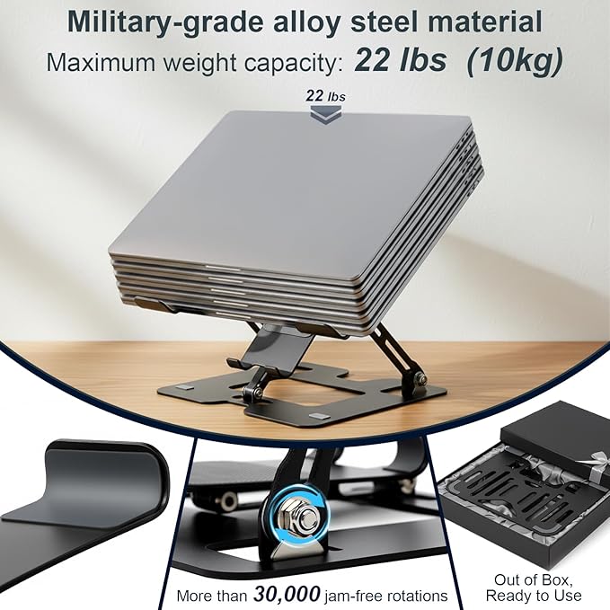 Alloy Steel Laptop Stand, Ergonomic Computer Stand, Desktop Laptop Riser, Compatible with MacBook Air/Pro, Dell, HP, Lenovo and Other 10-18 Inches Laptops, Black