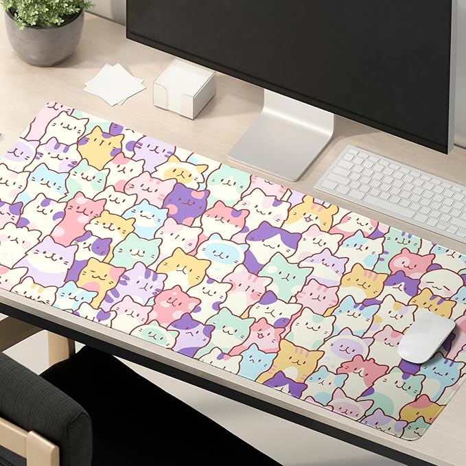 Kawaii Large Mouse Pad 31.5x11.8 Inches XL Extended Gaming Mousepad Funny Cute Cat Desk Mat, Long Computer Keyboard Mouse Mat Non-Slip Base Desk Pad Stitched Edges for Home Game Office Work