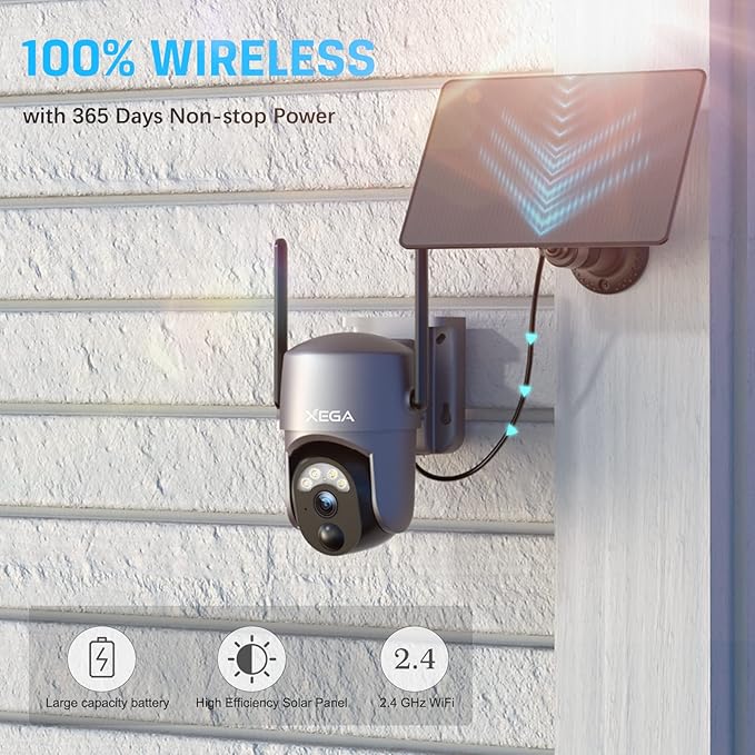 Xega 2 Pack Security Camera Wireless Outdoor 2K 360° PTZ Camera Solar Security Cameras 2.4G WiFi Video Surveillance w/Spotlight & Siren, Color Night Vision, AI Motion Detection, 2-Way Talk, IP66