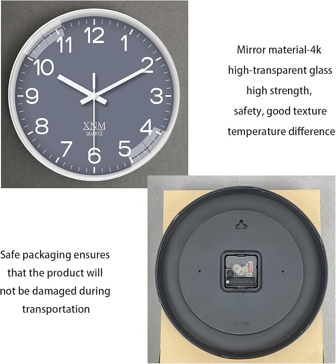 XNM 12 Inch Grey Modern Minimalist Wall Clocks Battery Operated Silent Non Ticking Classic Analog Clock for Living Room Bedroom Decor