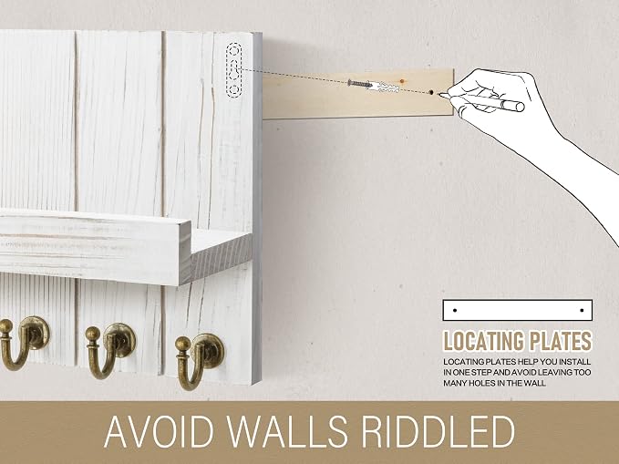 Rebee Vision Farmhouse Key Holder for Wall - Decorative Mail Organizer & Key Rack Wall Mount - Elegant 5 Sturdy Key Hooks with Floating Shelf for Living Room Decor (Whitewash, 3.54"D x 10"W x 7.28"H)