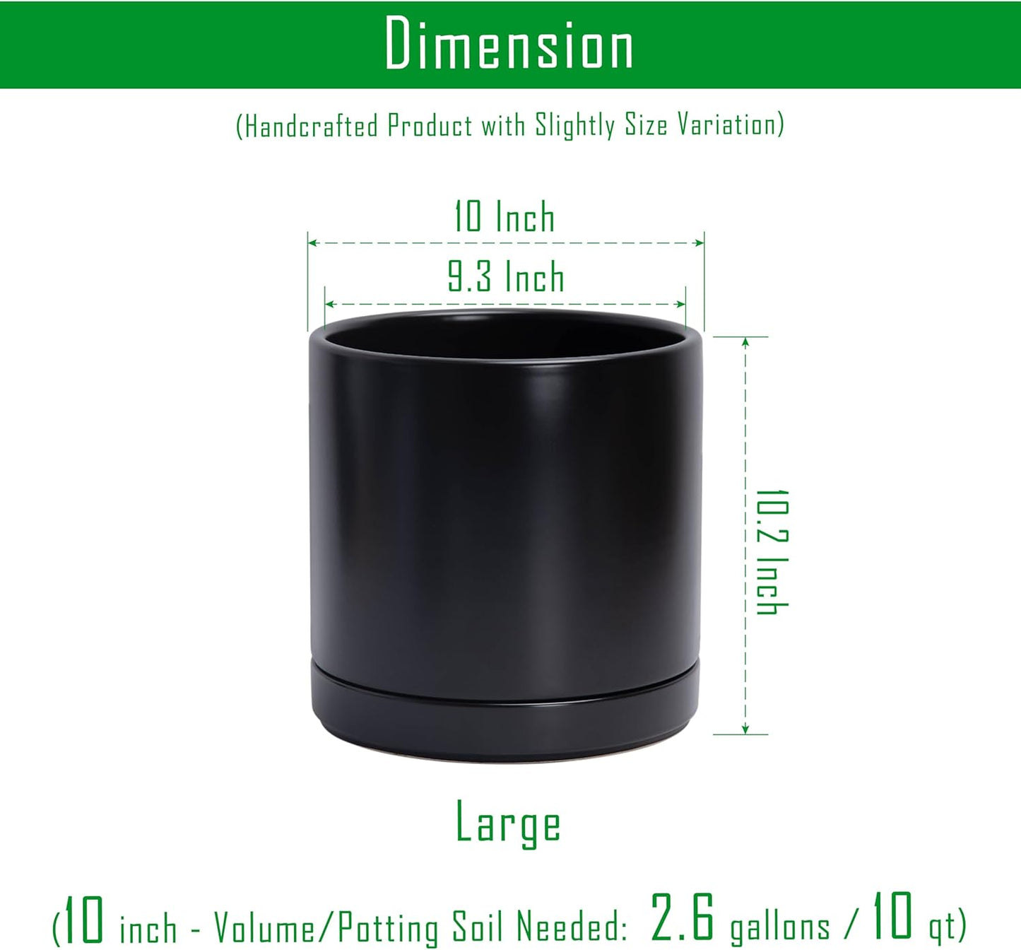 D'vine Dev Set of 2 Plants Pots, 10 Inch Ceramic Planter Pot for Plants with Drainage Hole and Saucer, Black, 94-V-E-2