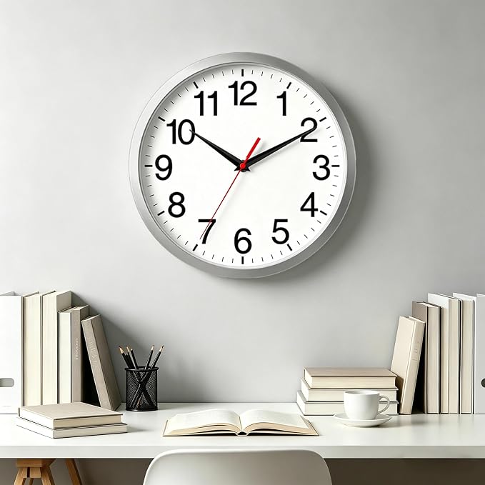 Rohioue Wall Clock Modern 10 Inch Battery Operated Silent Non Ticking Analog Clock Decorative for Bedroom Kitchen Bathroom Office Home Living Room (Silver)