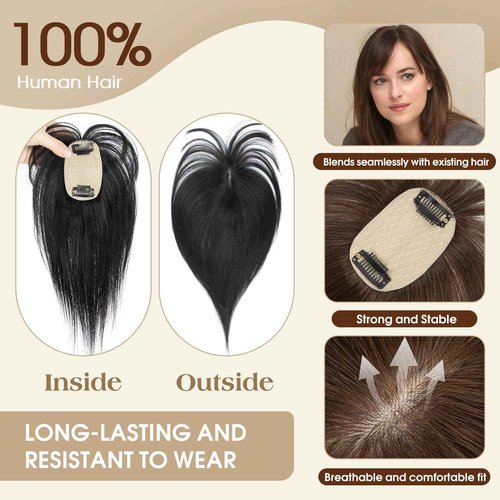12 Inches Straight Human Hair Topper for Women Real Hair Topper Natural Black, Clip-In Hair Pieces for Thin Hair, Adds Volume, Natural Hairline Coverage（12#1b）