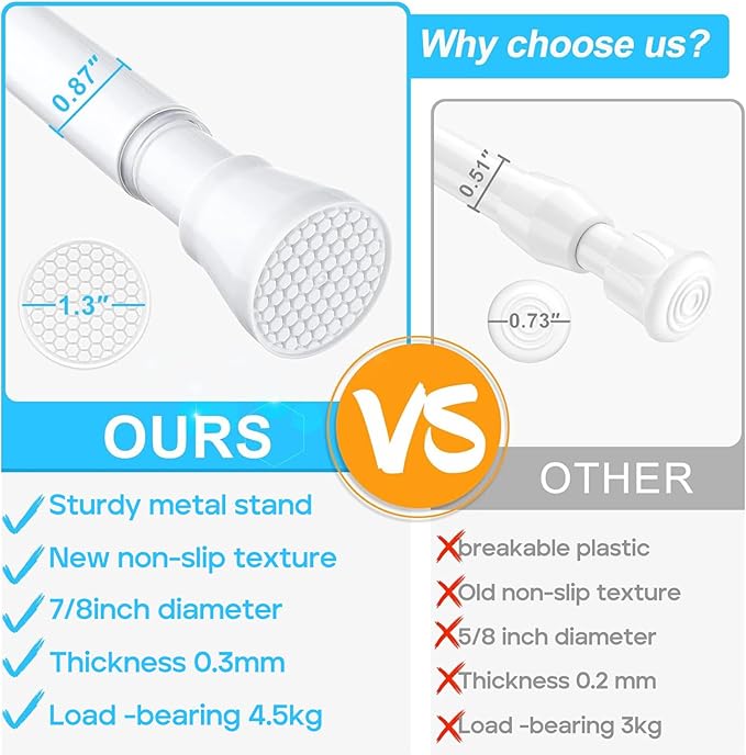 Tension Curtain Rod 30 to 64 Inch White Curtain Rod Adjustable Expandable Spring Tension Curtain Rod No Drilling 7/8" Spring Loaded Curtain Rods for Windows Bedroom Closet Doorway Door