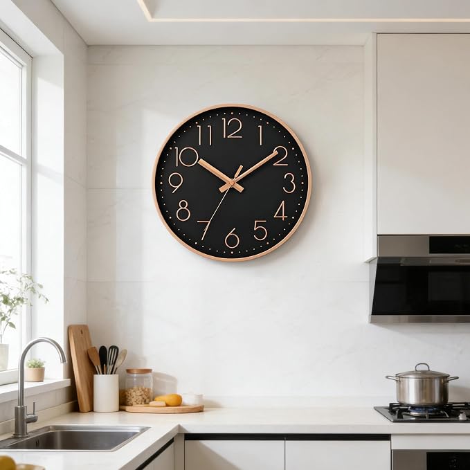 DAXSMY Wall Clock - 12 Inch Silent Non-Ticking Modern 3D Wall Clocks Battery Operated - Decorative Clock for Kitchen, Home Office, Bathroom, Bedroom, Living Room(Black)