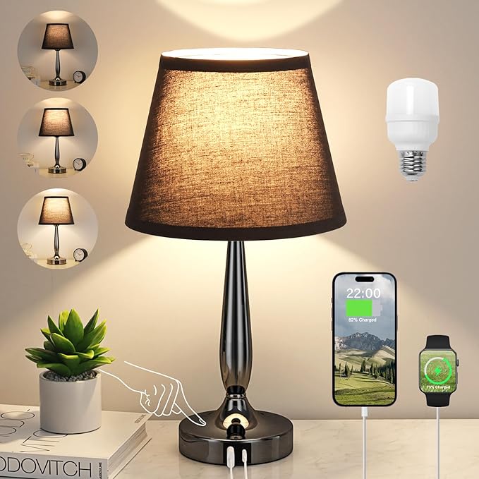 Kakanuo Touch Bedside Lamp for Bedroom with USB C Port, Small Touch Table Lamp with 2 USB Charging Ports, 3 Way Dimmable Nightstand Lamp for Living Room and Office - Black (LED Bulb Included)