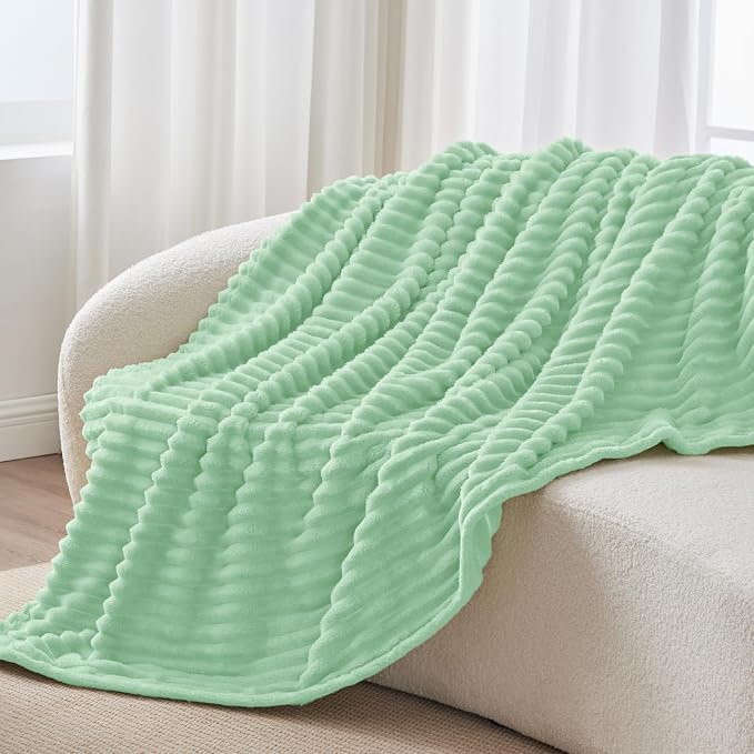 BEDELITE Twin Blanket for Couch & Bed, 300GSM Soft & Warm Fleece Blanket, Decorative and Giftable Striped Mint Green Blankets for Women, Men, 60"x80"