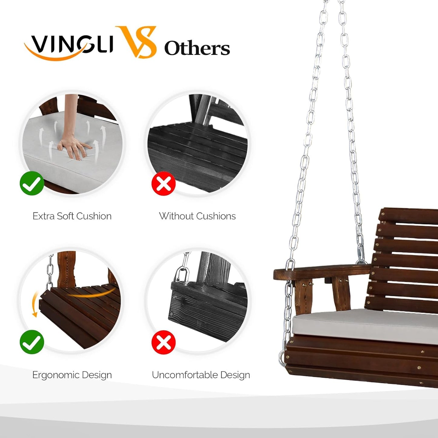 VINGLI Heavy Duty 880 LBS Patio Wooden Porch Swing Outdoor with Extra Cushion, Farmhouse Hanging Bench Tree Swing with Adjustable Chains for Yard | Garden | Lawn | Balcony (5 FT, Rustic)