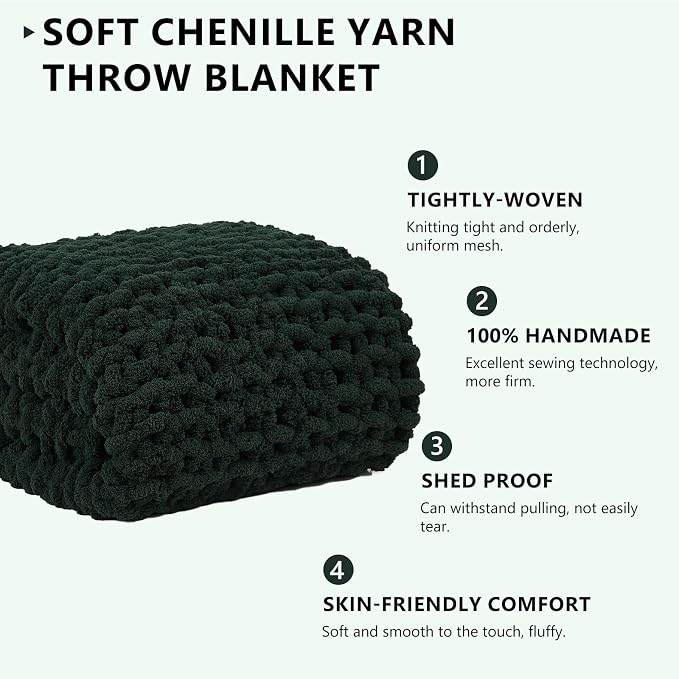 L'AGRATY Chunky Knit Blanket Throw: 72''x84'' Chenille Chunky Knitted Throw Blanket for Bed Couch - Handmade Thick Big Cable Knit Blankets - Large Crochet Rope Blanket for Home Decor(Green)