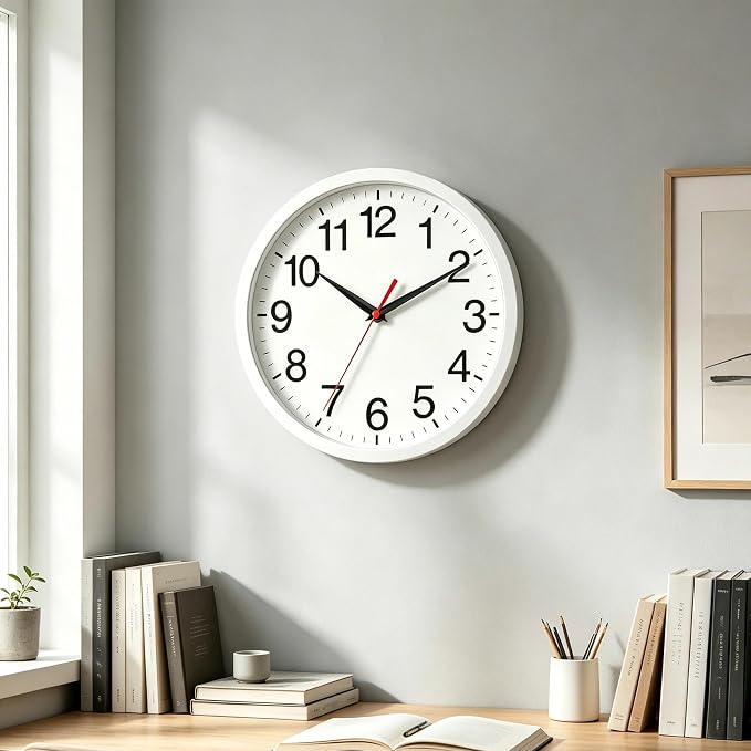 Rohioue Wall Clock Modern 10 Inch Battery Operated Silent Non Ticking Analog Clock Decorative for Bedroom Kitchen Bathroom Office Home (White)