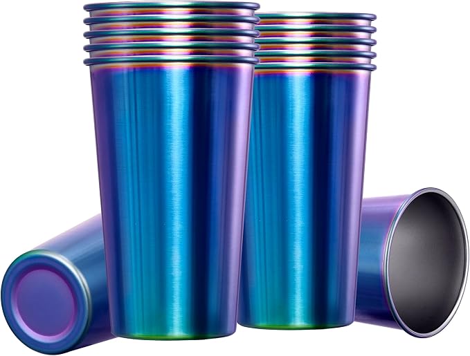 MEWAY 12 Pack 24oz Stainless Steel Pint Cup,Healthy Unbreakable and Stackable,Metal Drinking Glasses，Beer Glasses（Rainbow）