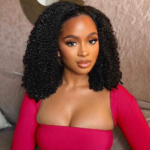 Legendhair Wear & Go Glueless Wigs Human Hair Afro Kinky Curly Human Hair Half Wigs for Black Women Seamless Kinky Curly Bob Pixie Cut Wig Drawstring Full Head Clip in Half Wig 200% Density 14 Inch