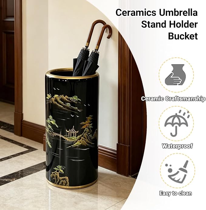 Ceramic Umbrella Stand Umbrella Holder for Entryway Hand-Made Umbrella Stand Barrels Umbrella Holder Cane Floor Standing Vase Ceramic Storage Bucket for Home Office Entrance Indoor.(B)