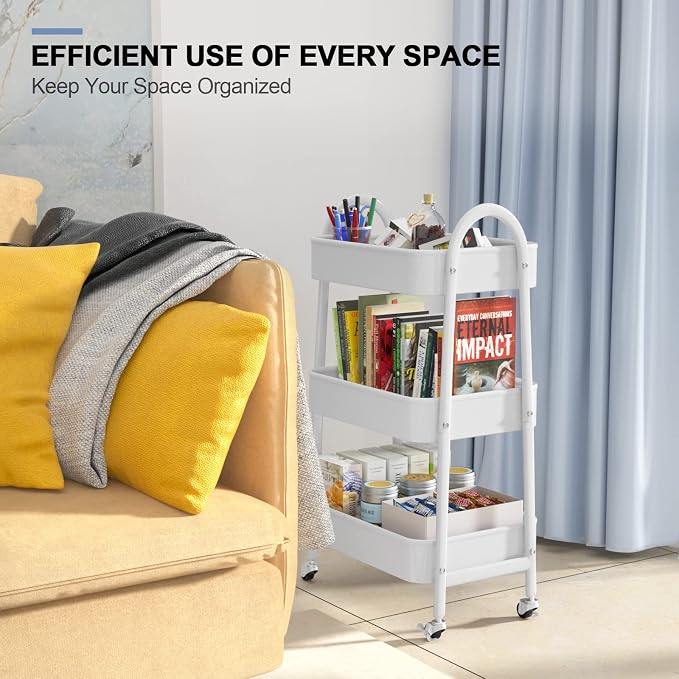 EAGMAK 3 Tier Utility Rolling Cart, Metal Storage Cart with Handle and Lockable Wheels, Multifunctional Storage Organizer Trolley with Mesh Baskets for Kitchen, Living Room, Office, Garage (White)