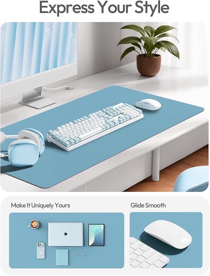 YSAGi Leather Desk Pad Protector, Office Desk Mat, Large Mouse Pad, Non-Slip PU Leather Desk Blotter, Laptop Desk Pad, Waterproof Desk Writing Pad for Office and Home (Sea Blue,55" x 24")