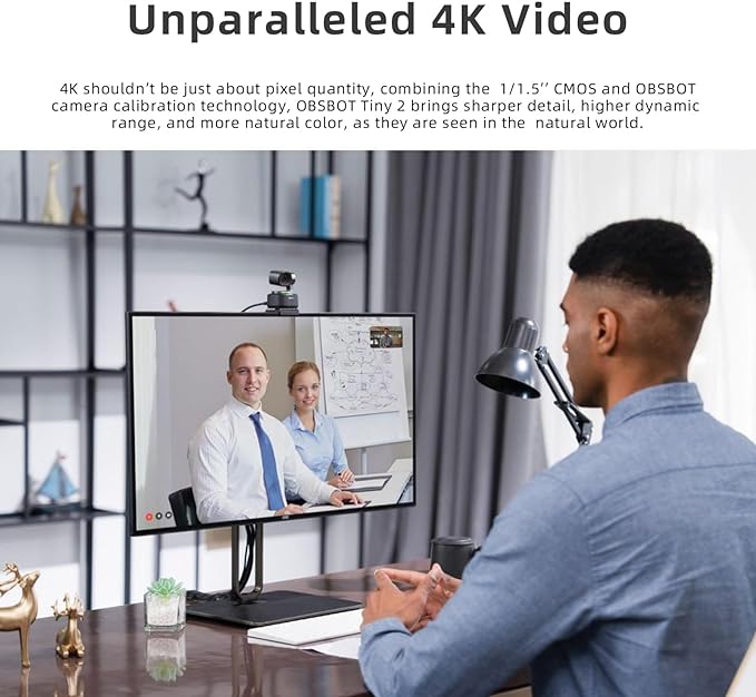 OBSBOT Tiny 2 AI-Powered PTZ 4K Webcam 1/1.5" CMOS 4X Faster Focusing USB 3.0 10x Faster Data Transmission Voice Control, W Cleaning Cloth