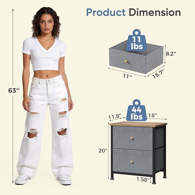 DUMOS Nightstand Small Dresser with 2 Fabric Drawers Side Tables Bedroom End Table Kids Bedside Storage Furniture for 20 inch Tall Night Stand for Closet, Entryway, College Dorm, Blue
