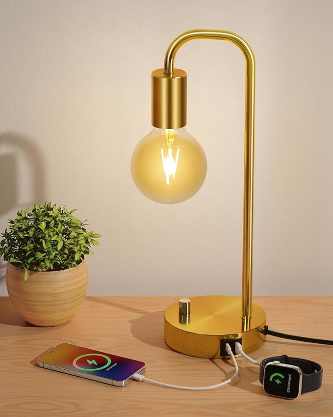ONEWISH Industrial Table Lamp with 2 USB Port, Stepless Dimmable Nightstand Bedside Lamps for Bedroom,Desk Lamps with 2700K Gold Gradient Bulb for Reading Living Room