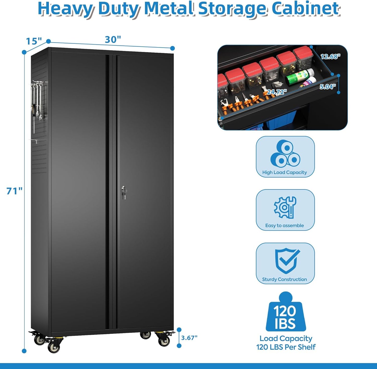 Metal Garage Cabinet with Wheels,71''H Rolling Lockable Steel Tool Cabinet with Pegboard & 1 Drawer for Garage,Home,Office Assembly Required,Black/Red