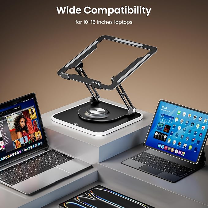 JOYEKY Adjustable Laptop Stand with RGB Lighting,Aluminum Ergonomic Computer Stand with 360° Rotating Base,Foldable & Portable Laptop Riser, Suitable for All 10-16” Laptops