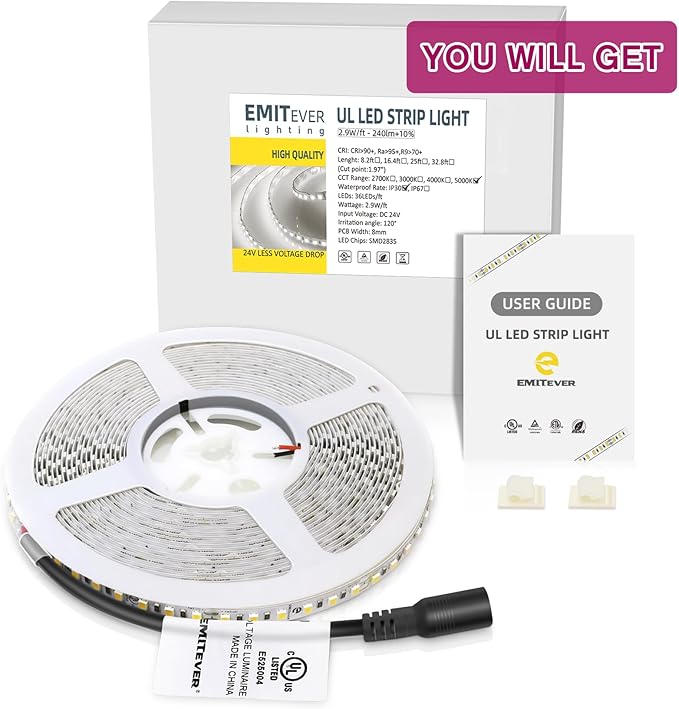 EMITEVER LED Strip Lights Cool White, 5000K 24V LED Tape Light 25ft UL Listed, Ra 95+, IP30, 2.9W/ft, 240+Lumens/ft, 900LEDS/Spool,UL Listed 5 Year Warranty (Power Supply Sold Separately)