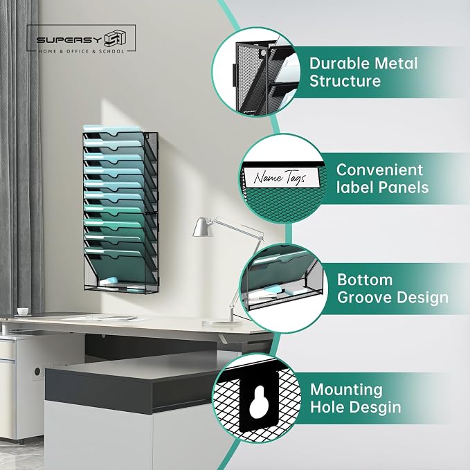 SUPEASY 11-Tier Wall File Organizer, Hanging Wall Files for Papers, Folders, Magazines, Wall Organizer for Clipboard, Assembly Needed, Black, 2 Pack