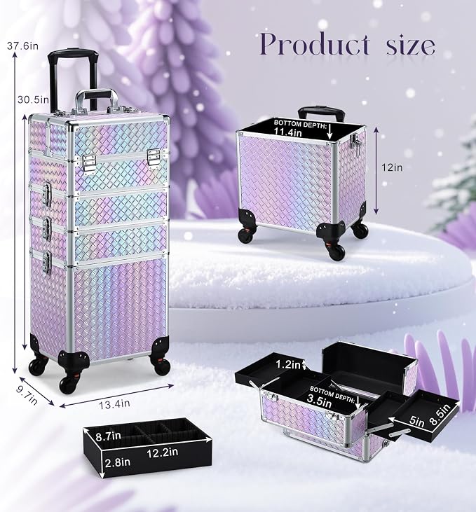 Stagiant Rolling Makeup Case Cosmetology Case on Wheels 4 in 1 Makeup Travel Case Extra Large Cosmetic Box with Key Make Up Artist Traveling Storage Nail Case Salon Barber Cart Trunk Pinkish Purple