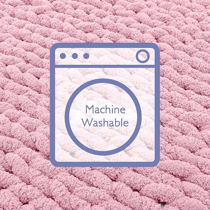 Bigacogo Chunky Knit Throw Blanket for Couch, 40x40 inches, 100% Hand Knitted with Thick Jumbo Chenille Yarn, Cozy Soft Large Rope Knot Cable Crochet Blankets for Sofa Bed Living Room, Blush Pink