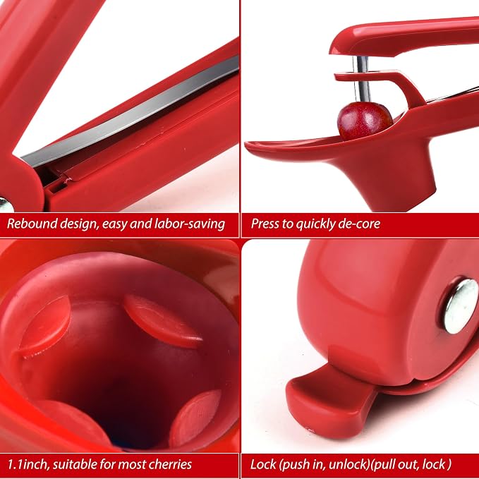 Cherry Pitter, Brighoot Stainless Steel Cherry Pitter Tool Cherries Corer with Lock Design for Making Cherry Jam, Remove Cherry Seed with Space/Safe/Quick (Red)