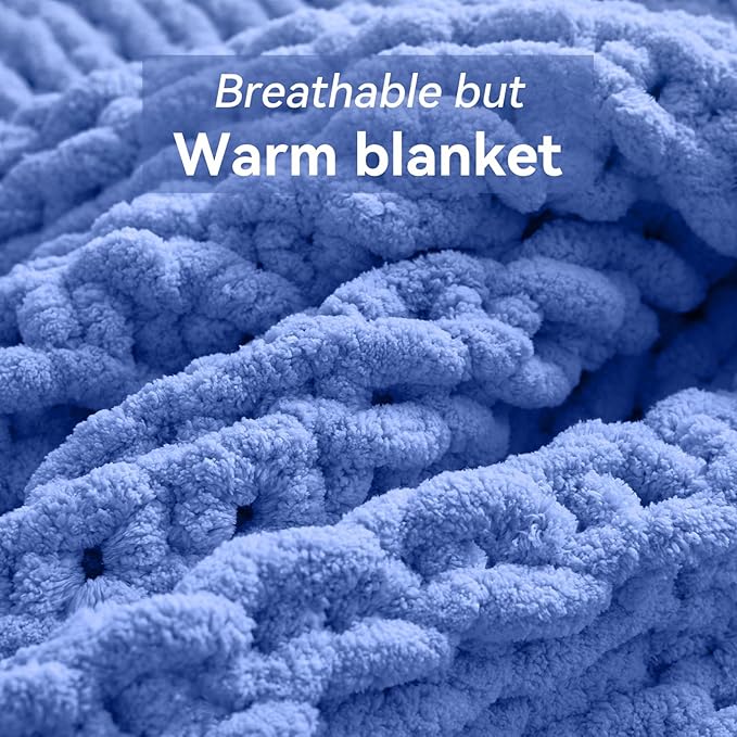 Negwoo Chunky Knit Throw Blanket, 60''*80'' Knitted Throw Chenille Yarn for Bed Couch, Handmade Light Blue Crochet Big Thick Blanket, Machine Washable Cute Comfy Blanket for Home Decor