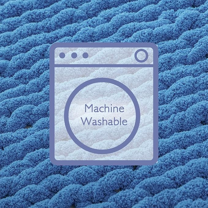 Bigacogo Chunky Knit Throw Blanket for Couch, 51x63 inches, 100% Hand Knitted with Thick Jumbo Chenille Yarn, Cozy Soft Large Rope Knot Cable Crochet Blankets for Sofa Bed Living Room, Bright Blue