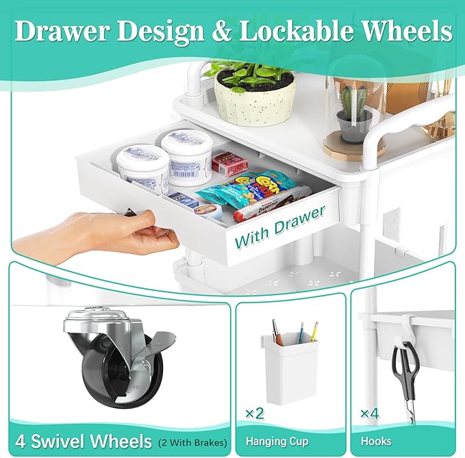 SUNALLY 3 Tier Rolling Cart with Drawer, Bathroom Storage Organizer with 2 Lockable Wheels, Multifunctional Rolling Storage Cart for Bathroom, Kitchen, Office, Craft, Makeup, Baby Essentials, White