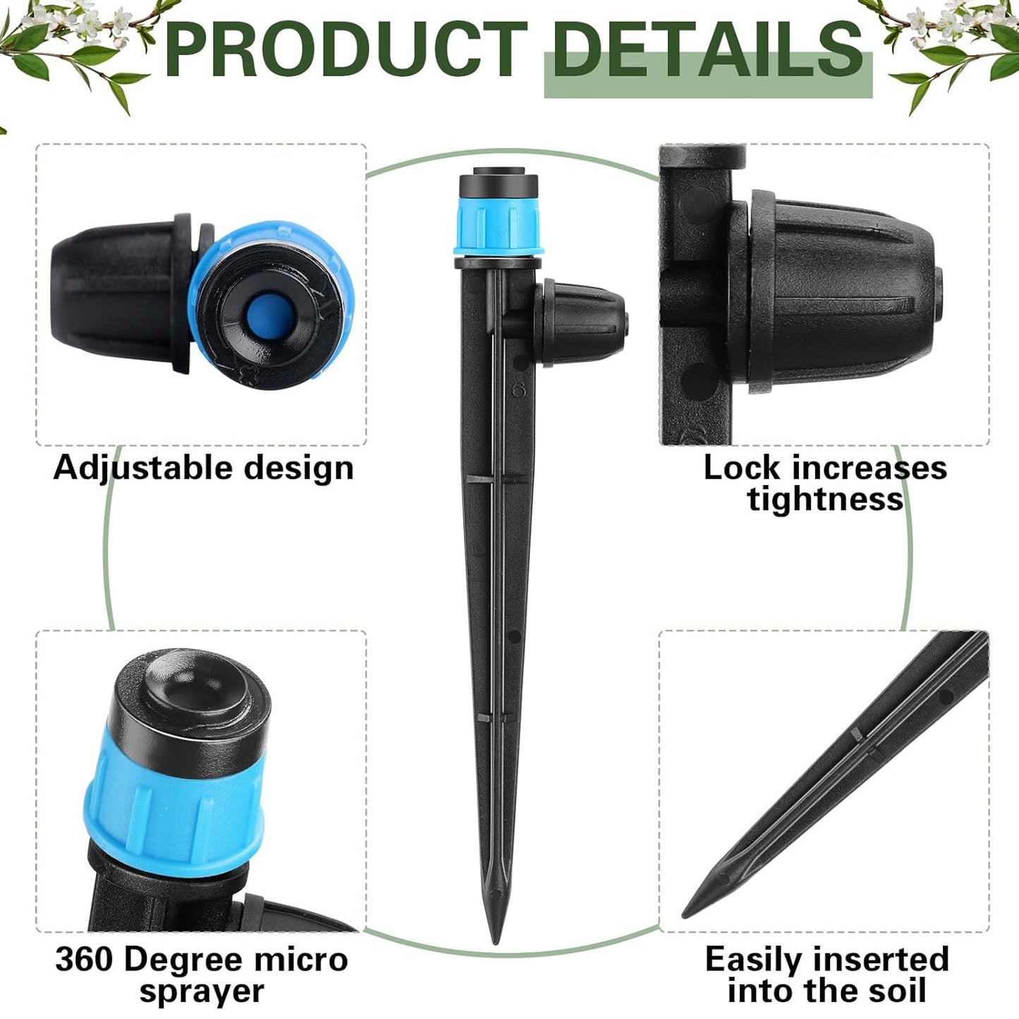 80 Pcs Drip Irrigation Emitters with Adjustable 360 Degree Water Flow Drippers for 1/4 Tubing Sprayer on 5.5 Arrow Stake for Garden System(Blue, Black,Lock Barbed)