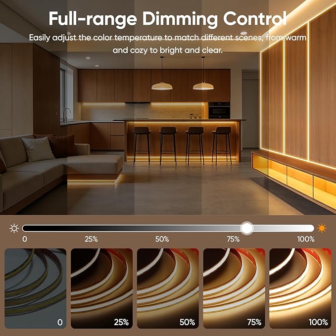 V4light COB LED Strip Light, Natural White (4000K), 12V Tape Light, CRI 95+, 3W/FT High Density, Dotless, Cuttable, UL Listed, Gold-Plated PCB for Bedroom, Kitchen, Cabinets (No Power Supply)