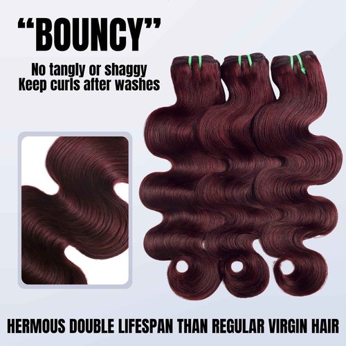 HERMOUS 13A Double Drawn 99J Dark Burgundy 3 Bundles Body Wave Human Hair, Double Lifespan Than Regular Hair, Keep Silky And Soft After Washes Colored #99J Wine Cheery Red Bundles Raw Hair 12 14 16 IN