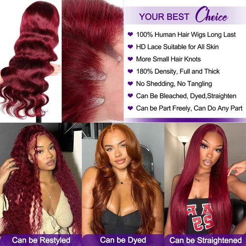 Diwionte 99J Burgundy Lace Front Wigs Human Hair Body Wave 13x6 HD Transparent Lace Front Wigs Human Hair Pre Plucked with Baby 99j Red Wine Glueless Human Hair Wigs for Women 26 Inch