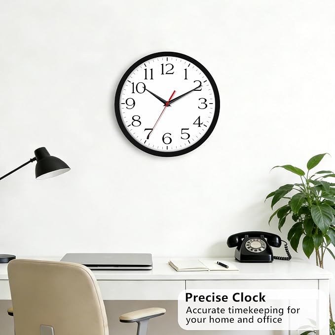 DAXSMY 10 Inch Wall Clock - Battery Operated, Silent Non-Ticking Analog Sweep Movement - Easy to Read Numbers for Home, Office, Kitchen, Classroom (Black)