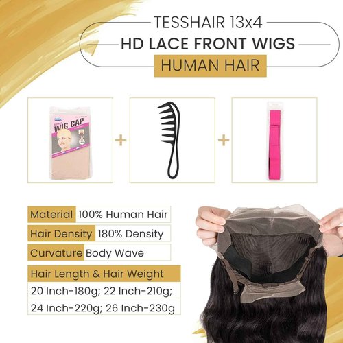 TESSHAIR 13x4 Body Wave Lace Front Wigs Human Hair Pre Plucked for Black Women, 180% Density Glueless Transparent Lace Front Wigs Human Hair Wig with Baby Hair (24 Inch)