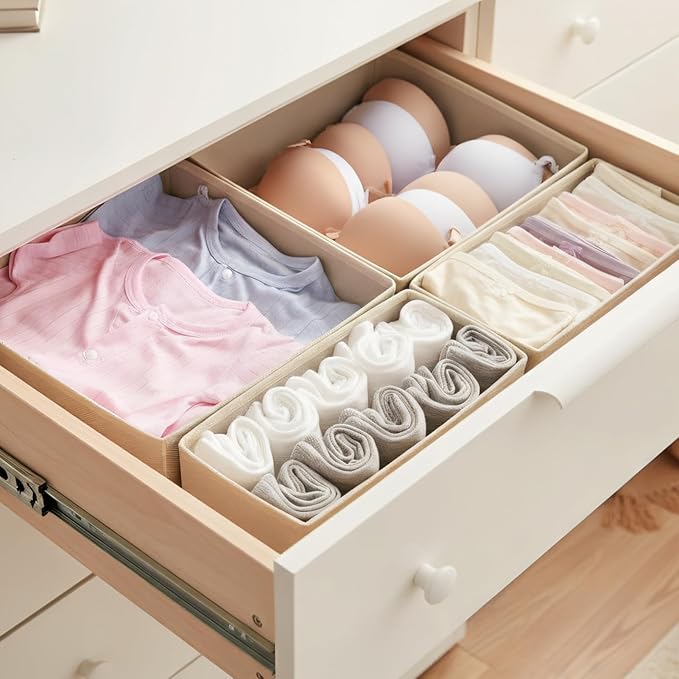 Drawer Organizer Set 6 Pack - Foldable 11" Fabric Storage Bins with Zipper Bottom for Underwear Socks Bras Baby Clothes - Closet Dresser Dividers for Bedroom Nursery, Khaki