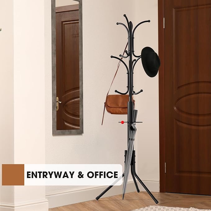 Coat Rack Freestanding,12 Hooks Metal Coat Racks with Umbrella Holder,Sturdy Hall Rree,Easy Assembly Coat Rack Stand for Hanging Scarf,Purse,Hats,Jacket(Black)
