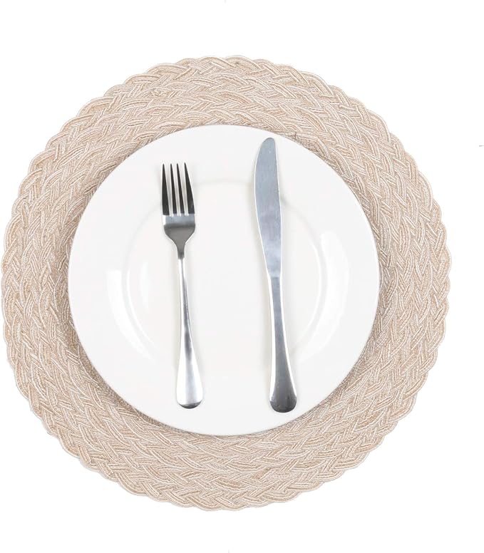 SHACOS Round Braided Placemats 15 inch Set of 4 Boho Woven Washable Kitchen Table Placemats for Home Wedding Party (T-Beige, 4)