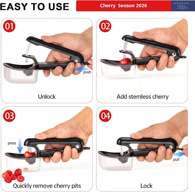 Cherry Pitter - Makmzoon Stainless Steel Cherries Pitter Tool | Hand-held Push Design, Save Time & Space for Making Cherry Jam with Lock Design Stainless Steel Rod
