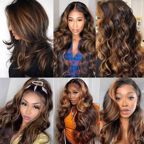Giginger Bundles Human Hair Body Wave Human Hair Bundles 24 26 28 Inch Brazilian Chocolate Brown Highlight P4/30 Unprocessed Quick Weave Soft Sewn In Hair Extensions for Black Women