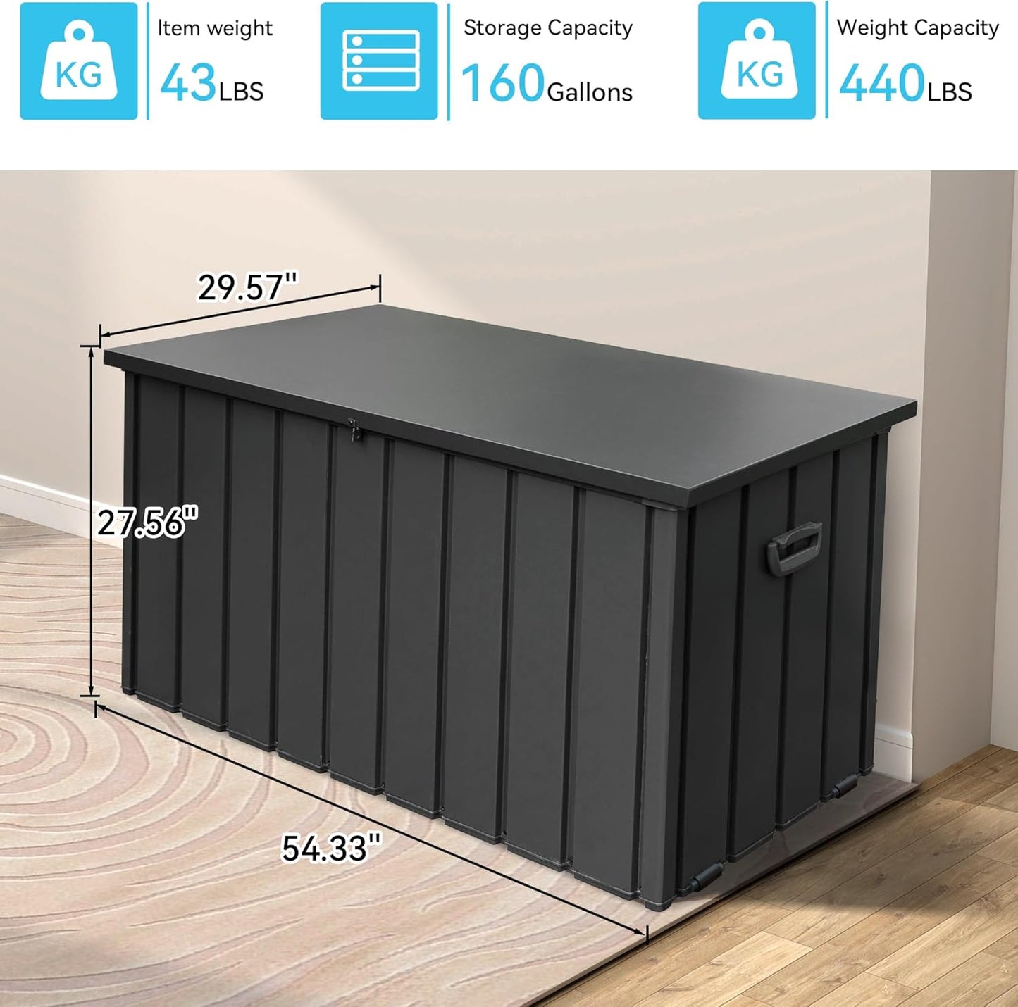 160 Gallon Outdoor Storage Deck Box Made of Galvanized Steel, Waterproof All Weather Outside Storage Bench UV-Resistant on Wheel, Lockable Package Delivery Box for Porch, Cushion, Tools, Grey