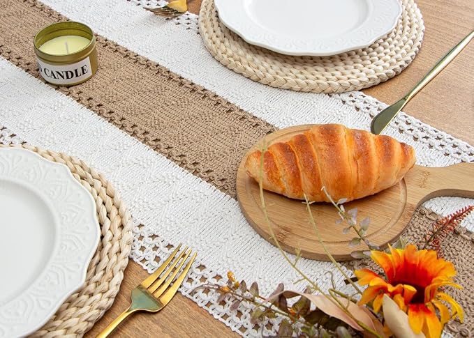 FEXIA Boho Table Runner for Home Coffee Decor 90 Inches Long Farmhouse Rustic Table Runner Macrame Burlap Centerpieces for Tables Decoration for Kitchen Bedroom Decor Bridal Shower (12x90 Inches)