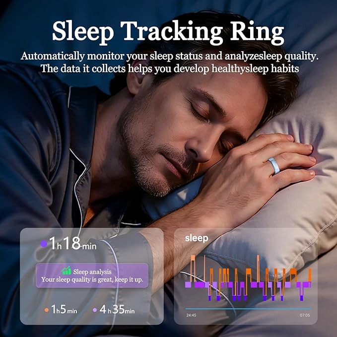 Smart Ring for Women Men, Health Tracker with Heart Rate/Blood Oxygen/Blood Pressure/Sleep Monitoring/Step Counting, IP68 Waterproof Fitness Ring, No App Fees for iPhone & Android (Blue, 7#)