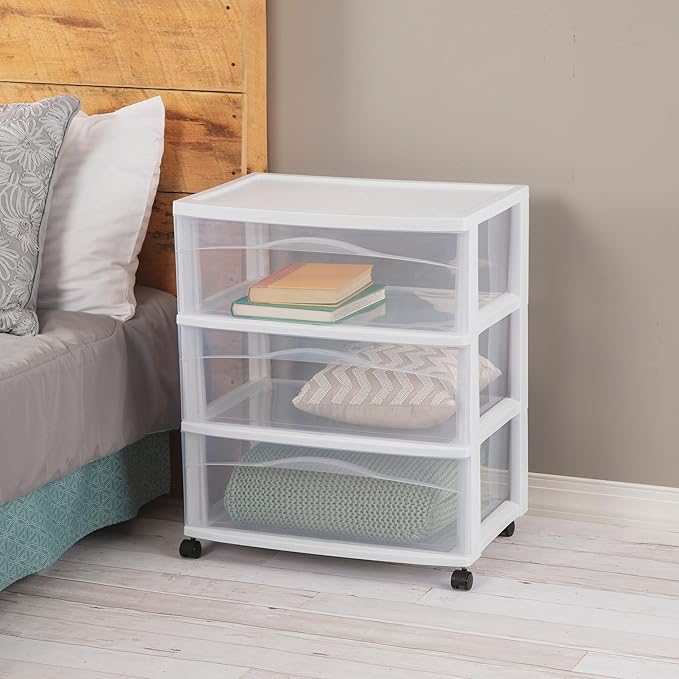 Sterilite 2-Pack Wide 3-Drawer Cart, Storage Closet Organizer with Wheels, White - Plastic Drawers and Containers for Bedroom, Cabinet, Clothes, Dresser, and Kitchen Pantry Organization